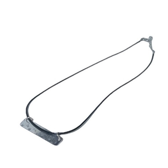 Handmade stamped moon phase silver rectangle pendant black leather cord necklace - Picture 2 of 5